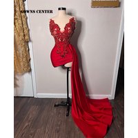 Red Beaded Appliques Prom Dresses With Train Mermaid Birthday Party Dress Sweetheart Mini Cocktail Gown Luxury Satin Customized