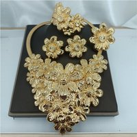 Light Weight Gold Plated Jewelry Set Flower Pendant Necklace Earring Bracelet Ring African Party Accessories Gift
