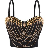 Gold Rivets & Chains Sexy Bra Hot Bralette Crop Top Punk Nightclub Party Belly Dance Rave Rock Push Up Bras For Woman With Wire