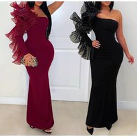 One Shoulder Long Dress Women Elegant Party Dresses Ruffles Sleeve Bodycon Evening Summer Dresses Female Birthday Dress HWY1896