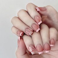 Short T Square Press On Nails Pink Gradient French Fake Nails 3D Butterfly Decor Detachable Ins Gentle Manicure For Women Dating