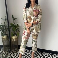 Women Pajamas Fashion Flower Print 2 Piece Long Sleeve Lapel Single Breasted Shirt Loose Trousers Ladies Elegant Homewear Suit