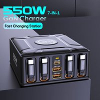 Stacja ładująca 7-w-1 o mocy 550W z wysuwanym kablem USB-C 100W, szybka ładowarka GaN do MacBook Pro, iPhone 17, laptopów Samsung i tabletów.