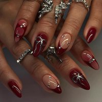 24Pcs 3d gelnails makes bow design red French tip Press on Nails almond design Fit Perfectly Acrylic False Nails set,Embellished