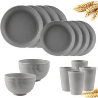 4/16Pcs Grey Straw Cutlery Set Dishes Bowls Disk Water Cup Tableware Plastic Unbreakable Polypropylene Kitchen Dinnerware