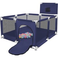 Parc Bébé, Clôture Bébé, Parc Enfant Pour Petit Appartement, Parc De Jeux Bébé avec 50 Boules, Cadre de Basket-ball, 126 x 126 x 66cm, Gris foncé/Gris /Noir/Bleu