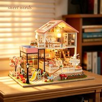 Wooden DIY Dollhouse Building Kit Miniature Doll House with LED Light 3D Handmade Craft Kit Home Decor Gift for Adult Decoration