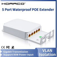 HORACO 5 Port Rainproof POE Extender 4 Port Repeater 100/1000Mbps Outdoor Network VLAN 44-57V for POE Camera Wireless AP