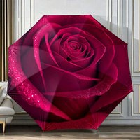 A Large Red Rose-Shaped Automatic Folding Umbrella. It'S a Portable And Collapsible Design, Perfect for Casual Outdoor Use, An