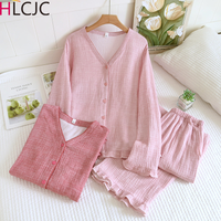 Spring Summer Cotton Crepe Women's Home Clothes Two-piece Set Long Sleeved Pants Pajamas V-neck Solid Simple Can be Worn Outside