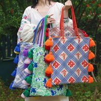 New Color Blocking Tassel Canvas Women's Bag Fashion Chinese Style Printed Shopping Bag Tote Bag