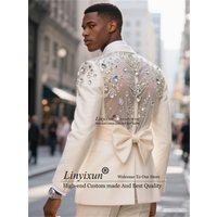 Fashion Men Suits With Bow High End Metal Embellished Slim Customized Ropa Hombre Groom Tuxedos 2 Pieces Sets Party Prom Blazer