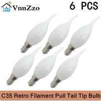 6pcs 7W Retro LED Candle Filament Bulb C35 Frosted Light Bulb E27 E14 Dimmable Edison Screw Light Lamp Chandelier Warm White