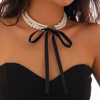 Ingemark Elegant Multilayer Imitation Pearl Chain Necklace Women Long Black Velvet Ribbon Bow Choker Wed Bridal Banquet Jewelry