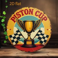 2D flat retro-style "piston cup" metal wall decoration, featuring golden trophy and checkered flag design