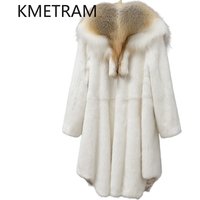 100% Mink Fur Jacket Woman Mid Length White Real Fur Coat Winter Women Clothing Furry Jackets 2025 Fox Fur Collar шуба женская