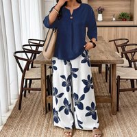 Pants Suit Women 2 Piece Sets Blouse Top Wide Leg Trousers Print Outfits Shirt Floor Length Ensemble Spring 2026 Office Lady