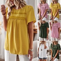 Elegant round Neck Stitching Top Loose Women Shirt Color 2026 Polyester Fabric A-Line Sleeve Three-Quarter Length Pure Color