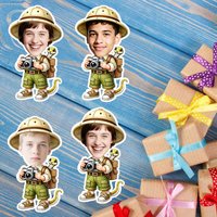 18/36pcs Custom Jungle Explorer Face Paper Stickers Personalized Photo Decals Helmet Camera Little Adventure Birthday Party Favo