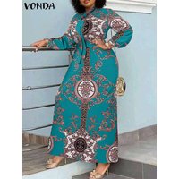 VONDA Bohemian Party Sundress Autumn Women Maxi Dress 2024 Long Sleeve Stand Collar Casual Printed Robe Holiday Vestidos Belted
