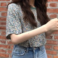 Women's Vintage Floral Print Short Sleeve Blouse Casual Green Patchwork Summer Top