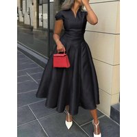 Women's Elegant Black Midi Dress V-Neck Cap Sleeve with Flared Hem 2026 Summer Elegant High Waist A-line Pleated Party Dresses