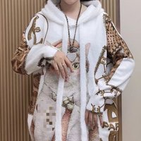 French rhinestone printing jazz cartoon cat hooded long-sleeved sweater female spring loose fashion mink velvet Joker coat.