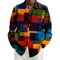 Fashion Block splicing pattern 3d Print Men Long Sleeve Shirts Art Shirt Autumn Casual Single-Breasted Blouse Men's Clothing