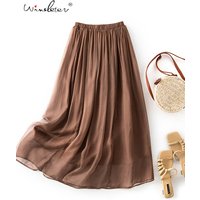 Winsleter-Women 100%Real Silk Elegant Skirts, Elastic Waist Solid, French Temperament Fairy Commute Skirt, 2025 Summer B56433CC