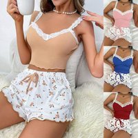 Women's Pajamas With Shorts Set 2pc Summer Ribbed Knitted Flower Print Lace Trimmed Camisole Vest And Bow Shorts Sexy Pajama Set