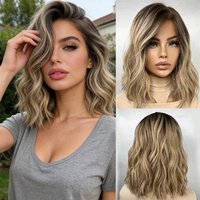 12" Short Bob Lace Front Wigs Honey Blonde Highlight Caramel Brown Synthetic Wig Bouncy Waves Brown Roots Hair-loss Cosplay Wig