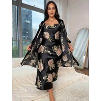 Large size sleepwear women's long imitation silk sexy nightgown set, fashionable and casual loose printed sleepwear 2-piece set