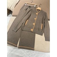 Round neck single breasted loose splicing contrasting color jacket high waist casual wide leg pants autumn new women's set