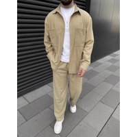 New trendy and comfortable men's retro corduroy suit: long-sleeved pocket shirt, loose-fit trousers, street style suit
