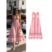 Women's Pink Red Embroidered Cut Out Maxi Dress Elegant Spaghetti Strap V Neck Dresses 2026 Ladies Summer Vacation Beachwear