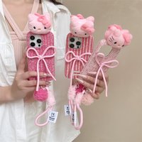Ins Striped Bow Plush 3D Hellokitty Cute Phone Case for iPhone 17 16 15 14 13 16 Pro 17 Pro Max Cases with Hand Strap Funda Capa