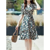 Women's Floral Printing Lacing Slim Midi Dress, Chic Ruffle A-line Dresses, Elegant, Summer, V-neck, Office Lady, Fashion, New,