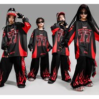 Hip Hop Costume For Girls Boys Black Red Flame Show Stage Outfits Jazz Dance Performance Wear Party Street Dance Wear XH2099