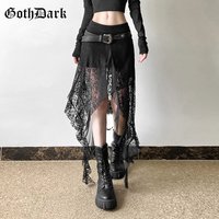 Goth Dark Irregular Hem Lace Patchwork Mid Skirts Women Streetwear Y2K Fairy Slim Pleat A-line Skirt Mall Goth Fashion Bottoms