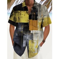 Summer Men's Geometric Color Block Patchwork Shirts Short SleeveTurndown Hawaiian Shirt Button Up Shirts No Pockets Shirts