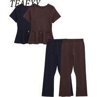 TFAFXY Knitted Women Sets 2026 Spring Autumn Short Sleeve O-Collar Slim Crop Top Straight Pants Casual Suits Y2K