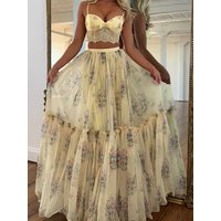 Women's Spaghetti Strap Bandage Backless Short Top with Elastic Waist Maxi Skirt Two-Piece Set Summer Holiday Print Outfit 2026