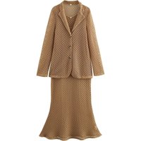 2025 Early Spring New European Fashion Versatile Hollow Out Suit Collar Knitted Cardigan Long Skirt Two-piece Set