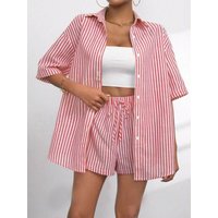 Spring/Summer 2026 Fashion Striped Short Sleeve Shirt And Shorts Set Casual Two-Piece Women's Clothing European Style