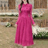 ZANZEA Women Elegant Lace Patchwork Dresses 2026 Stylish Hollow Out Holiday Robe A Line Party Dress Long Sleeve Bows Sundress