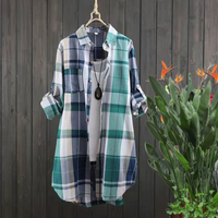 Chemisiers mi-longs en coton à carreaux pour femmes, chemise élégante à manches longues, décontractée, mode coréenne, nouveaux chemisiers à boutons amples, automne 2023