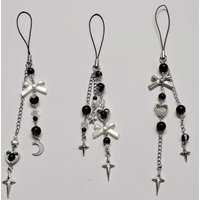 Monochrome Bow Beaded Mobile Phone Pendant | Black Silver Star Pendant Rope | Retro Y2K Style | Cute Gift for Her