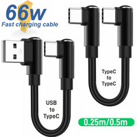 90 Degree Elbow 66W 6A Short Data Cable USB A USB C To Type C Fast Charging Cable For iPhone 15 16 Xiaomi Samsung Huawei