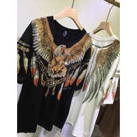 L-4XL Große Größe Drucken Beide Seite Adler Strass Top Oversize T-shirt Frauen Männer Lose Kurzarm Hip Hop Grafik T Shirts dame