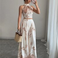 Women's Halter Top Wide Leg Pants Set Tropical Print Sleeveless High Waist Summer Vacation Outfit Elegant Two Piece Suit